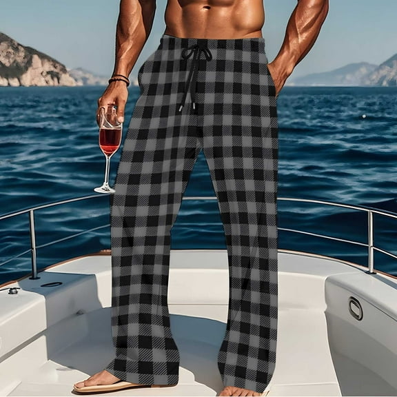 Mens Pajama Pants with Pockets Straight Leg Pajama Bottoms Casual Plaid Printed Drawstring Elastic Waist Comfort Sleepwear Loungewear Trousers Pant