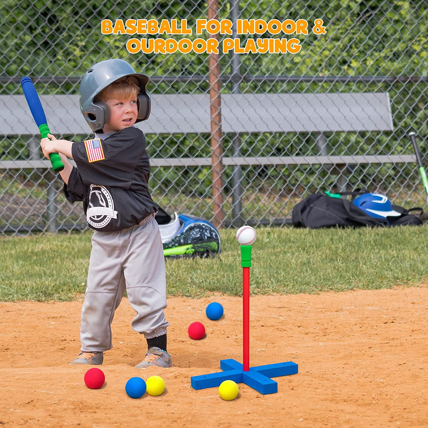 CELEMOON  16.5 inch Foam T Ball Kids Baseball Softball Bat Set Batting Tee, 8 Colored Balls Included + Carry Bag, for Toddler 2 3 4 Years Indoor Outdoor Sport Playing Toys, Blue