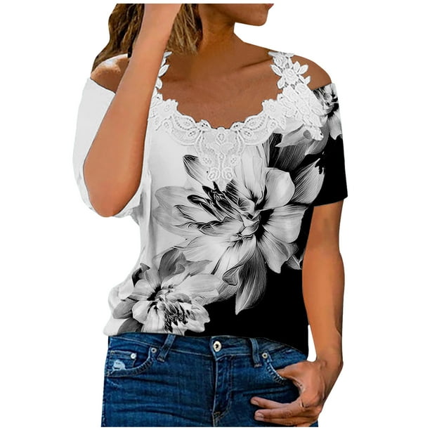 Summer Tops for Women Casual V-Neck Lace Patchwork Printed Short Sleeve  T-shirt Womens Tops Dressy Blouse