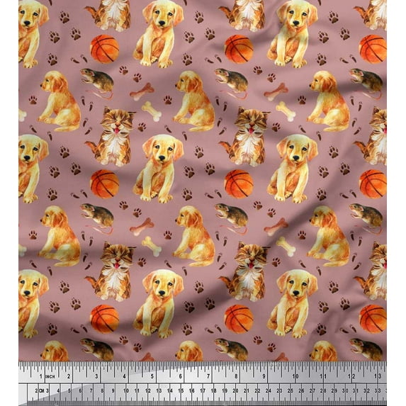 Soimoi Japan Crepe Satin Fabric Footprint,Dog & Cat Animal Print Fabric by The Yard 42 Inch Wide