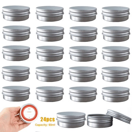 24 Pack Screw Top Round Aluminum Tin Cans, Metal Tin Storage Jar Containers with Screw Cap for Lip Balm, Cosmetic, Candles, Salve, Make Up, Eye Shadow, Powder, Tea (2 Oz/60ml)