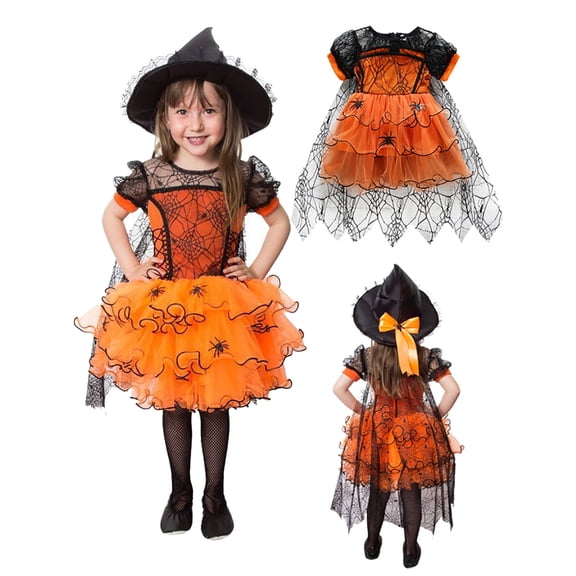 WIBACKER 1-5T Kids Baby Girl Halloween Cosplay Dress with Spider Cloak Witch Fancy Party Costume
