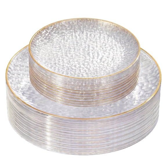 WELLIFE FESTIVE 60Pcs Clear Disposable Plates With Gold Rim, Hammered Plastic Plates, Include: 30 Clear Dessert & Dinner Plates for Party