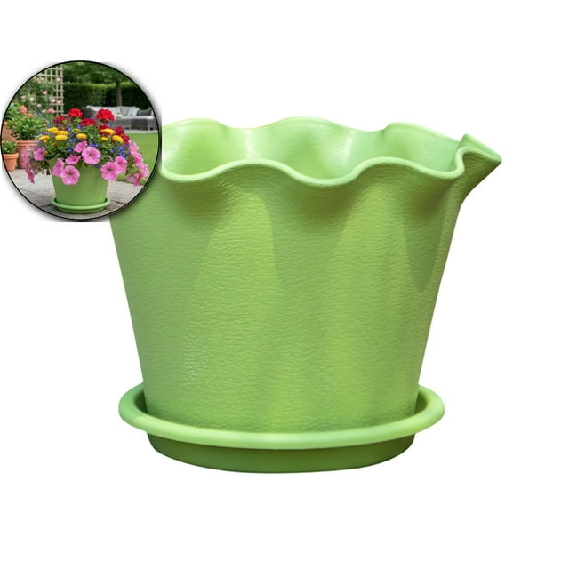 Dvruxg Lotus Leaf Edge Plastic Planter Pot with Drainage and Saucer, Breathable Elevated Plastic Flower Pot, Ruffled Plastic Flower Pot with Wave Edge for Balcony Railing Gardening