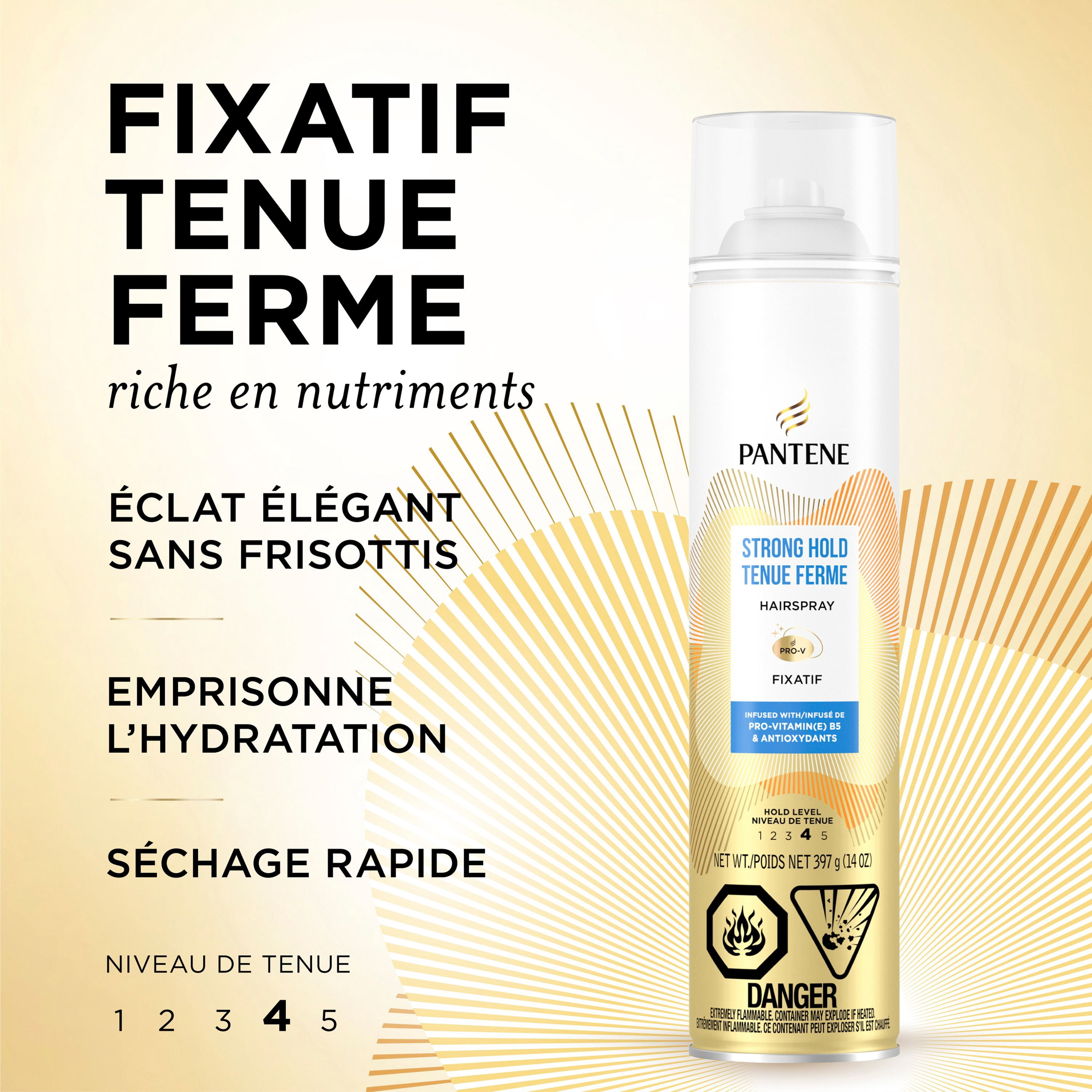 Fixatif à tenue ferme Pantene, niveau 4, formule riche en nutriments avec provitamine B5