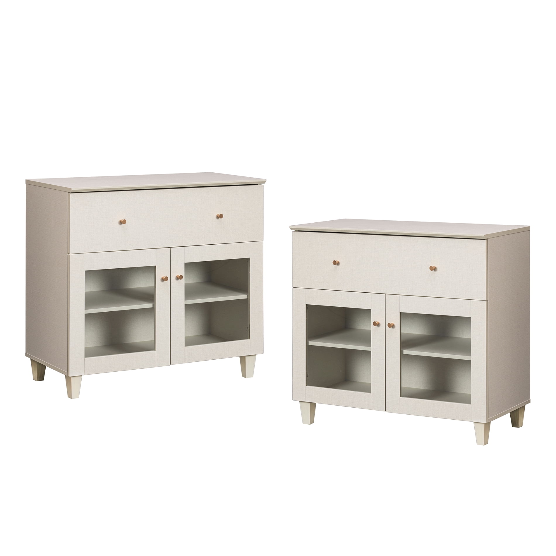 Large Bedroom Nightstands with Glass Doors - Set of 2, Bedside Table with Drawer, Shelf and Cable Management, Beige