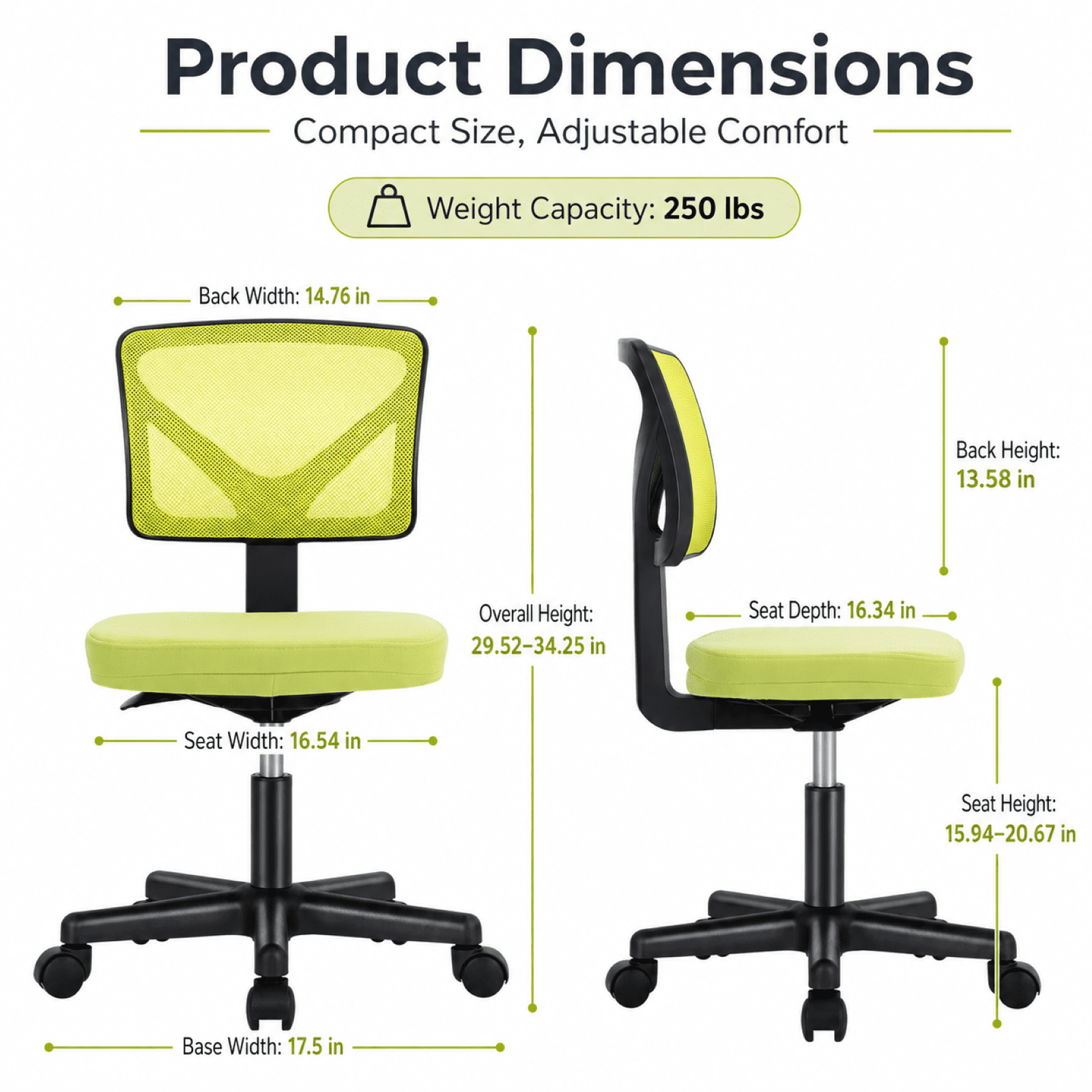 Kelno Small Desk Chair with Wheels Adjustable Computer Desk Chair with Lumbar Support Mesh Ergonomic Low-Back Office Chair, Green