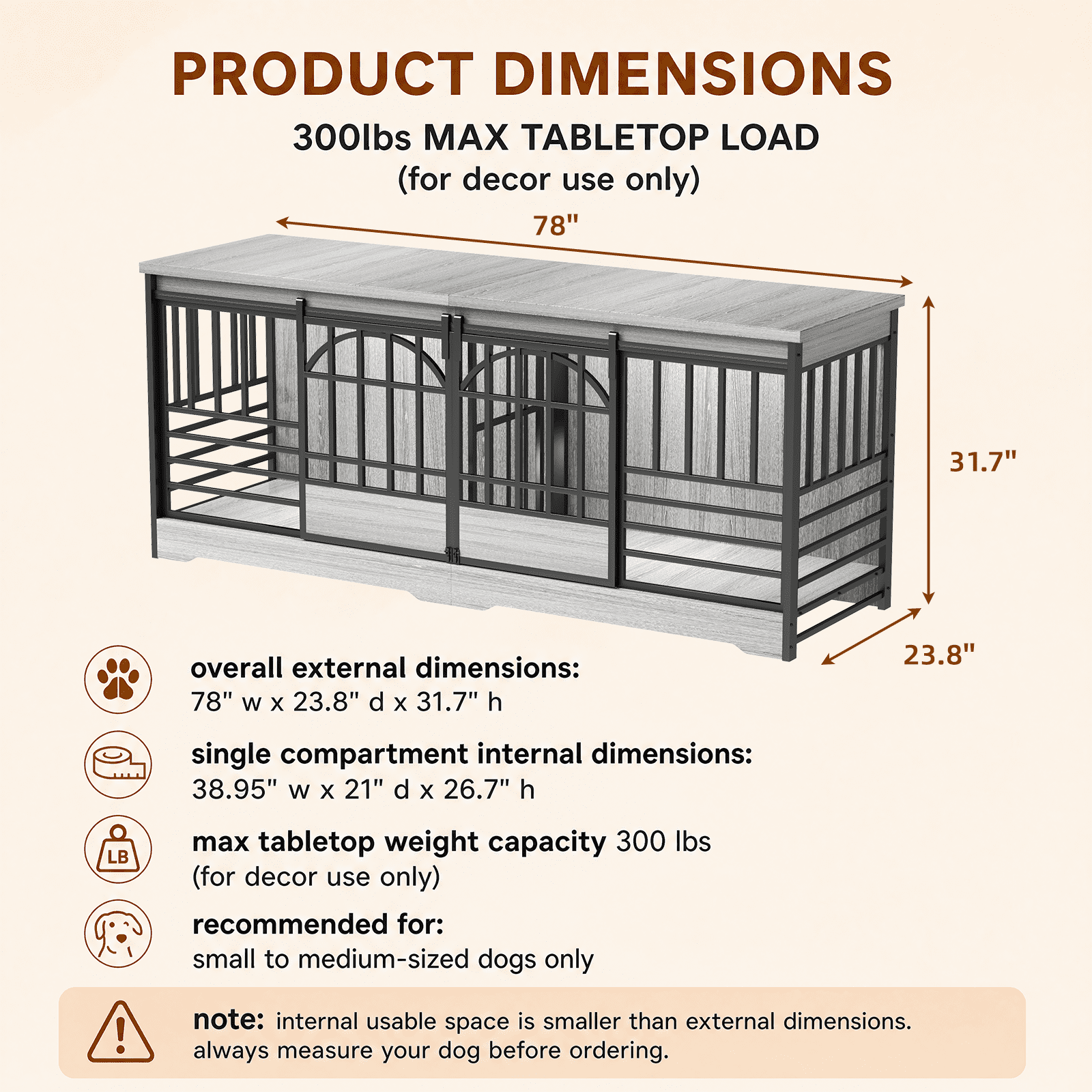 Fowroa 78 inch Extra Large Double Dog Crate Furniture, Heavy Duty Indoor XXL Dog Kennel with Removable Divider, Gray