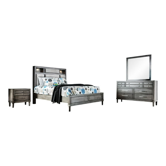 FOA Cartagena 4pc Gray Solid Wood Bedroom Set-Cal King Nightstand Dresser Mirror