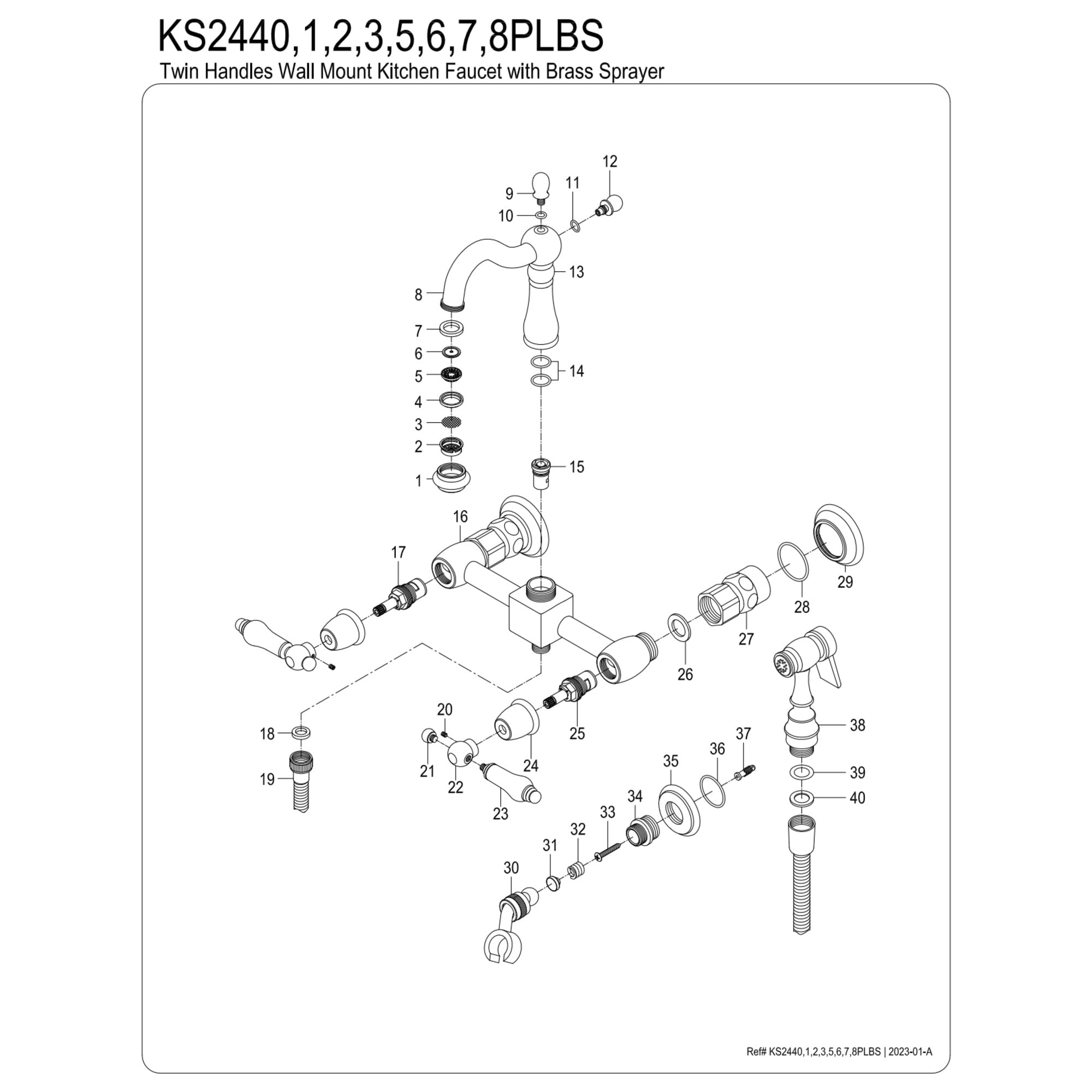 Kingston Brass KS2442PLBS Heritage Double-Handle 3-Hole Wall-Mount Bridge Kitchen Faucet with Brass Sprayer in Polished Brass