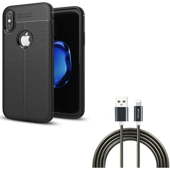 Case w Metal USB Cable for iPhone XS/X - PU Leather Slim Fit Cover Reinforced Bumper Shock Absorbent, 3ft Charger Cord Power Wire Sync for iPhone XS/X