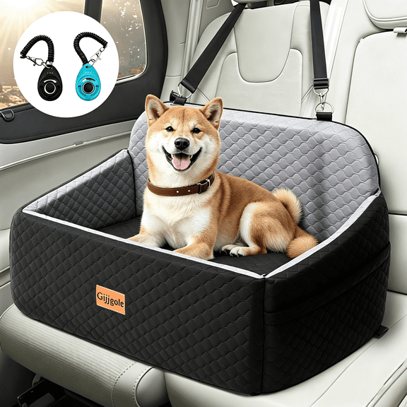 Dog Car Seat for Medium/Large Pet-Travel Dog Car Bed with Memory Foam, 2 Pet Training Clickers and 2 Safety Leashes, Washable Pet Booster Seat for Pet up to 55 lbs, Black
