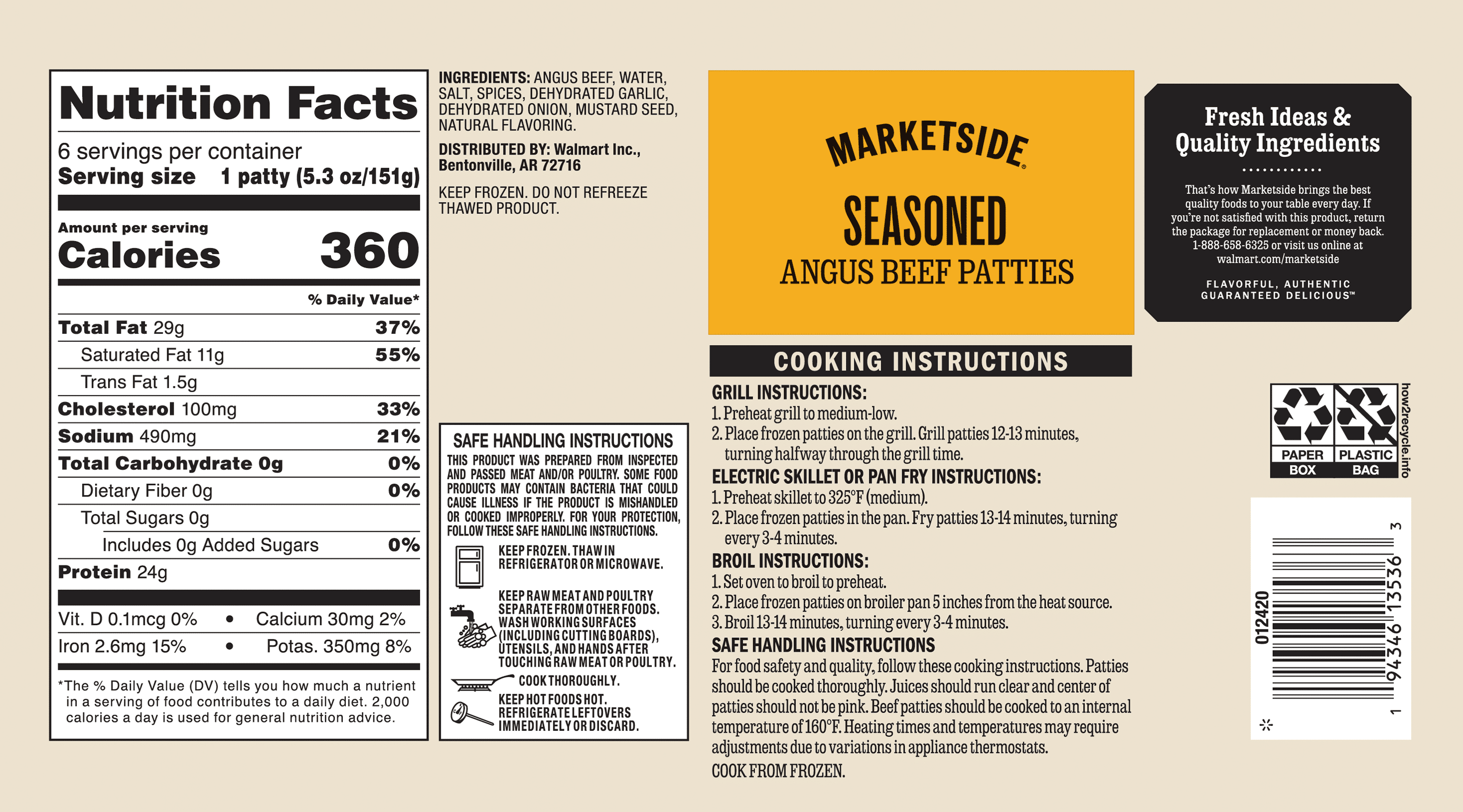 Marketside Seasoned Angus Beef 1/3 lb Patties, 2 lb, 6 Count (Frozen)