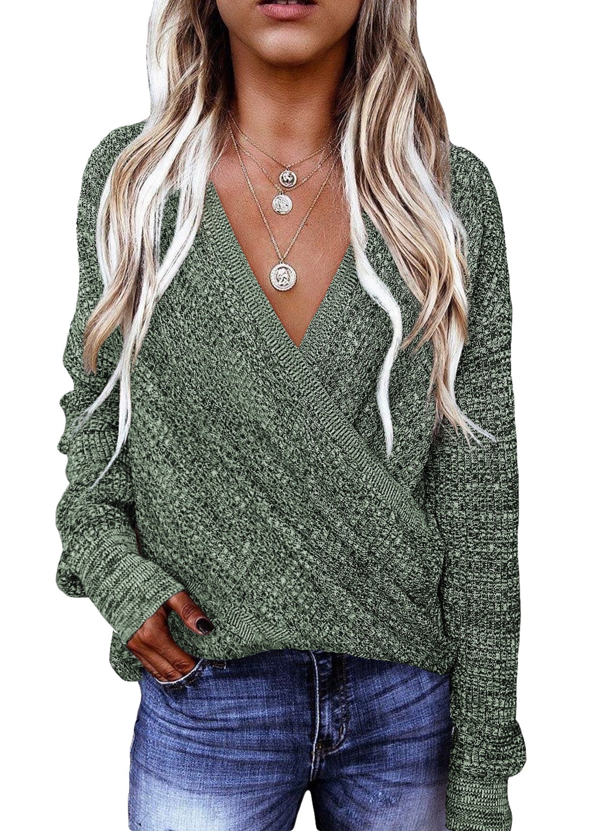 Sidefeel Women's V Neck Wrap Long Sleeve Sweater Tops Elegant Solid