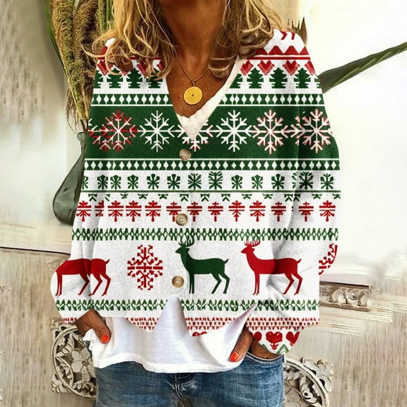 Christmas Gift Ofreoo Women‘s Casual Cardigan Button Christmas Printed Fashion Jacket Top Sweaters for Women
