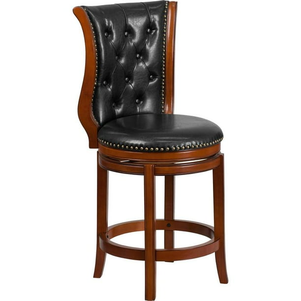 Flash Furniture 26'' High Brandy Wood Counter Height Stool with Black Leather Swivel Seat