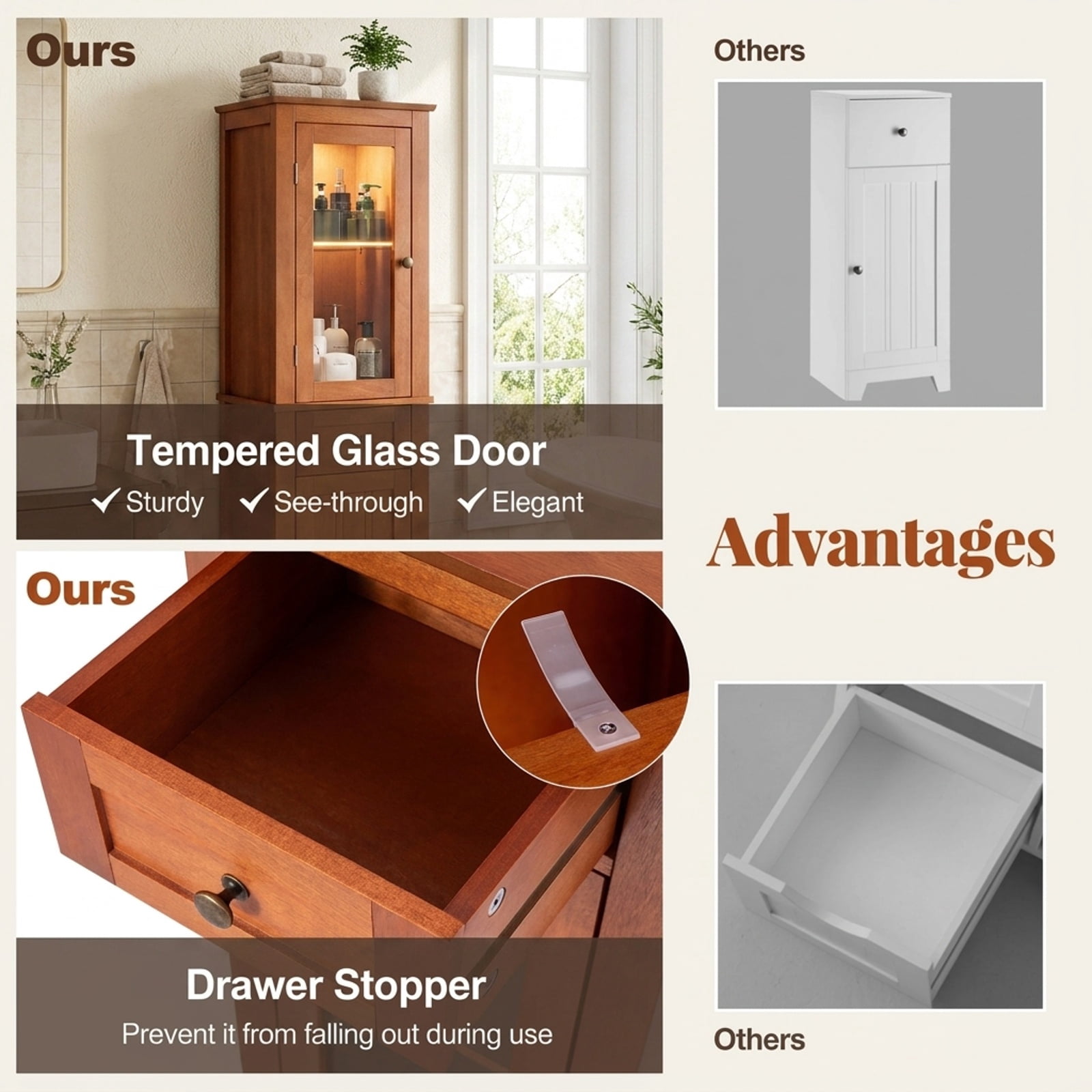 Vebreda Freestanding Bathroom Storage Cabinet, Bathroom Freestanding Storage Cabinet with Single Glass Door, Sturdy Glass Door