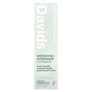 Davids Natural Toothpaste for Teeth Whitening, Peppermint, Antiplaque, Fluoride Free, SLS Free, EWG Verified, Toothpaste Squeezer Included, Recyclable Metal Tube, 5.25oz