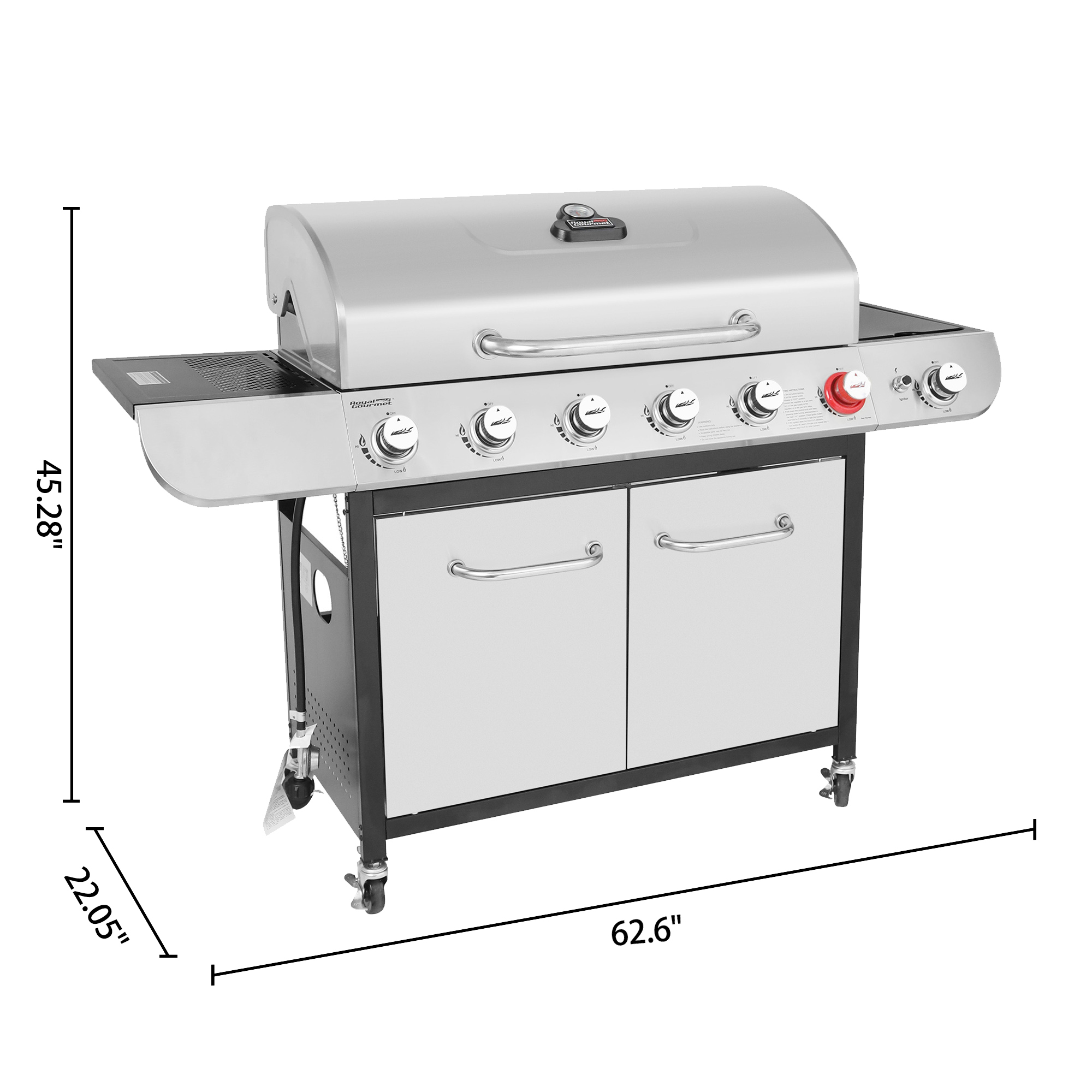 Royal Gourmet SG6002 Classic 6-Burner 71000-BTU LP Gas Grill with Sear Burner and Side Burner, Stainless Steel - image 3 of 8
