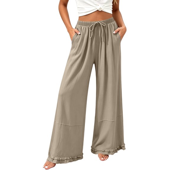 Karymi Shorts for Women High Waist Ruffle Hem Wide Leg Pants, Casual Drawstring Elastic Waist Beach Trousers with Pockets, Solid Loose Flowy Daily Pants Summer Outfits