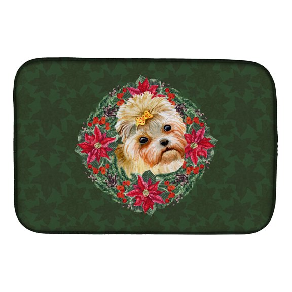 Morkie Poinsetta Wreath Dish Drying Mat