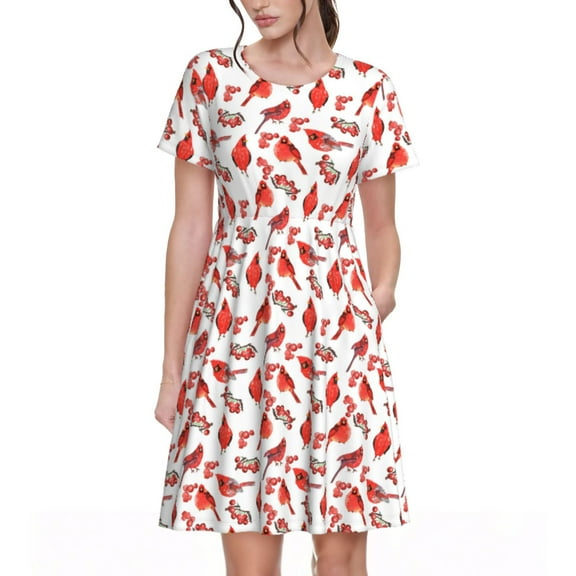 Picia Red Birds Pattern Women's Short Sleeve Summer Dress Pleated Loose Swing Knee Length Short Sleeve Swing Dresses