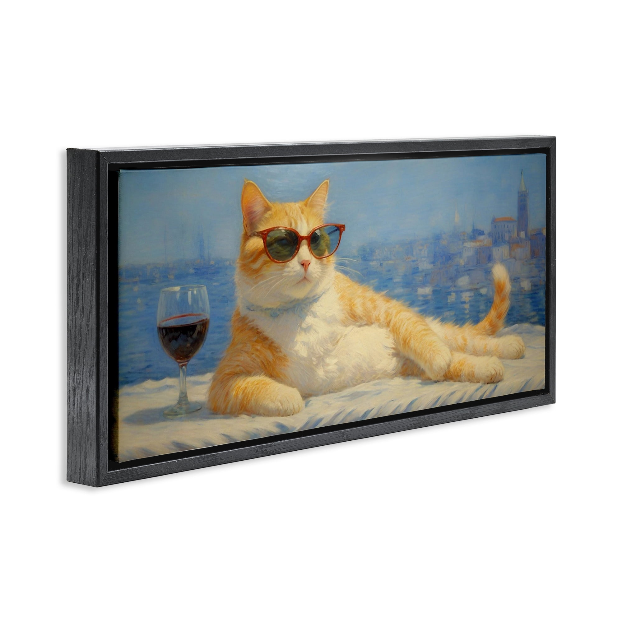Stupell Industries Lounging Feline with Wine Glass Black Framed Floater Canvas Wall Art, design by Angie Hawke