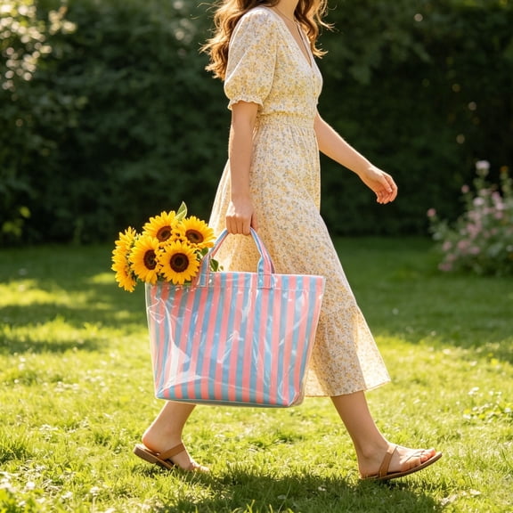 Striped Tote Bag Waterproof Glossy PVC Large Capacity Handbag for Beach Travel Shopping and Everyday Use
