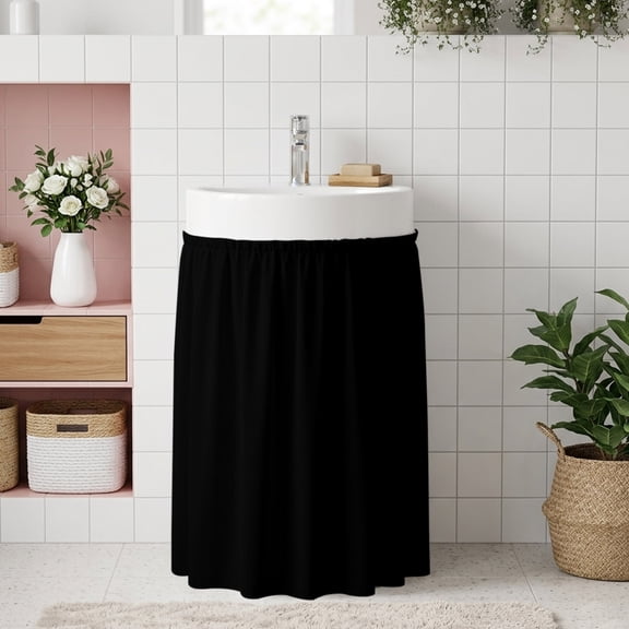 Small Cabinet Curtain 10''W x 11''L, Pure Black Under Sink Cover Drapes, Simple Solid Color Self Adhesive Cabinet Skirt for Kitchen/Bathroom Vanity/Laundry Room/Open Shelf