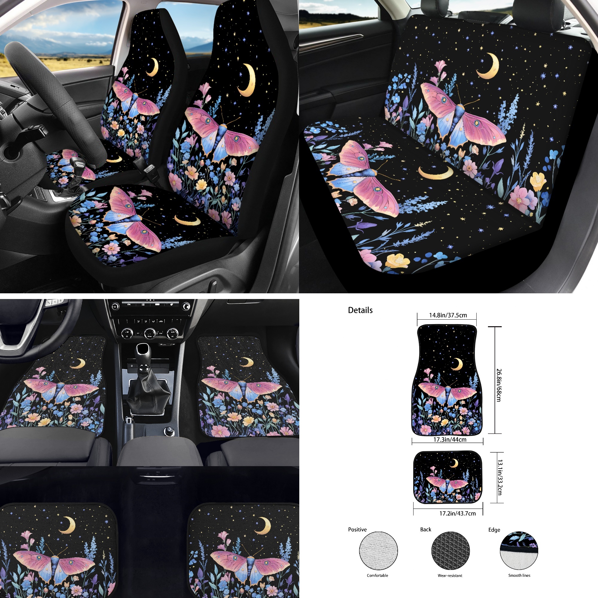 Jeiento Butterfly Car Seat Covers with Floor Mats Steering Wheel Cover Armrest Pad Seat Belt Cover Moon Flower Keychain Coasters Lipstick Holder for Sedan SUV Auto Accessories Set 17 PCS