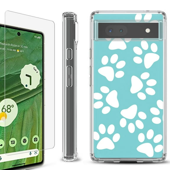 Shockproof Bumper Phone Case for Google Pixel 6a, with Tempered Glass Screen Protector, by OneToughShield ® - Pet Paw / Teal