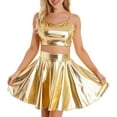 thumbnail image 5 of TiaoBug Women's Glossy Pleated Skater Skirt Shiny Metallic Ruffle Skirts Cocktail Party Dance Clubwear Gold XL, 5 of 7