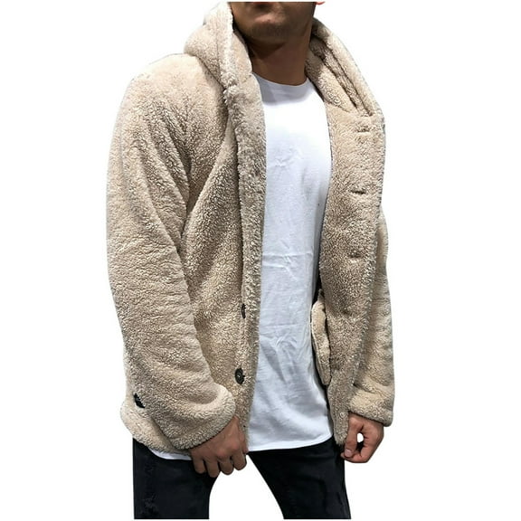 Mens Fuzzy Sherpa Jacket Hoodie Plush Fleece Open Front Cardigan Casual Fall Winter Hooded Coat Button Down Sherpa Outwear Jacket