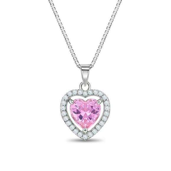 925 Sterling Silver Girl's 16" Pink Heart Cubic Zirconia Pendant Necklace