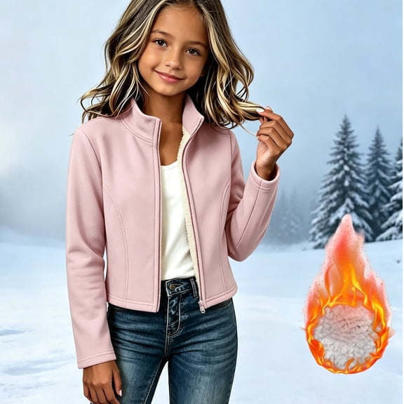 JOANKDMI Fleece Lined Jacket for Teen Girl Size 9-10 Sherpa Thermal Long Sleeve Full Zip Stand Collar Warm Winter Crop Coat Fall Cold Weather Activewear