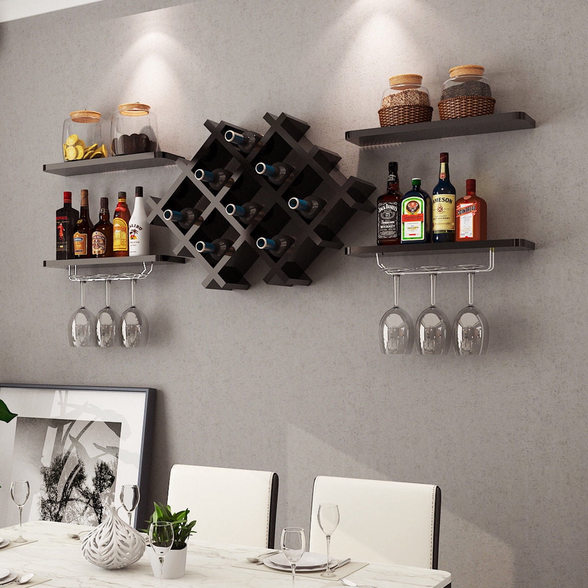 Gymax Set of 5 Wall Mount Wine Rack Set Storage Shelves Glass Holder Black