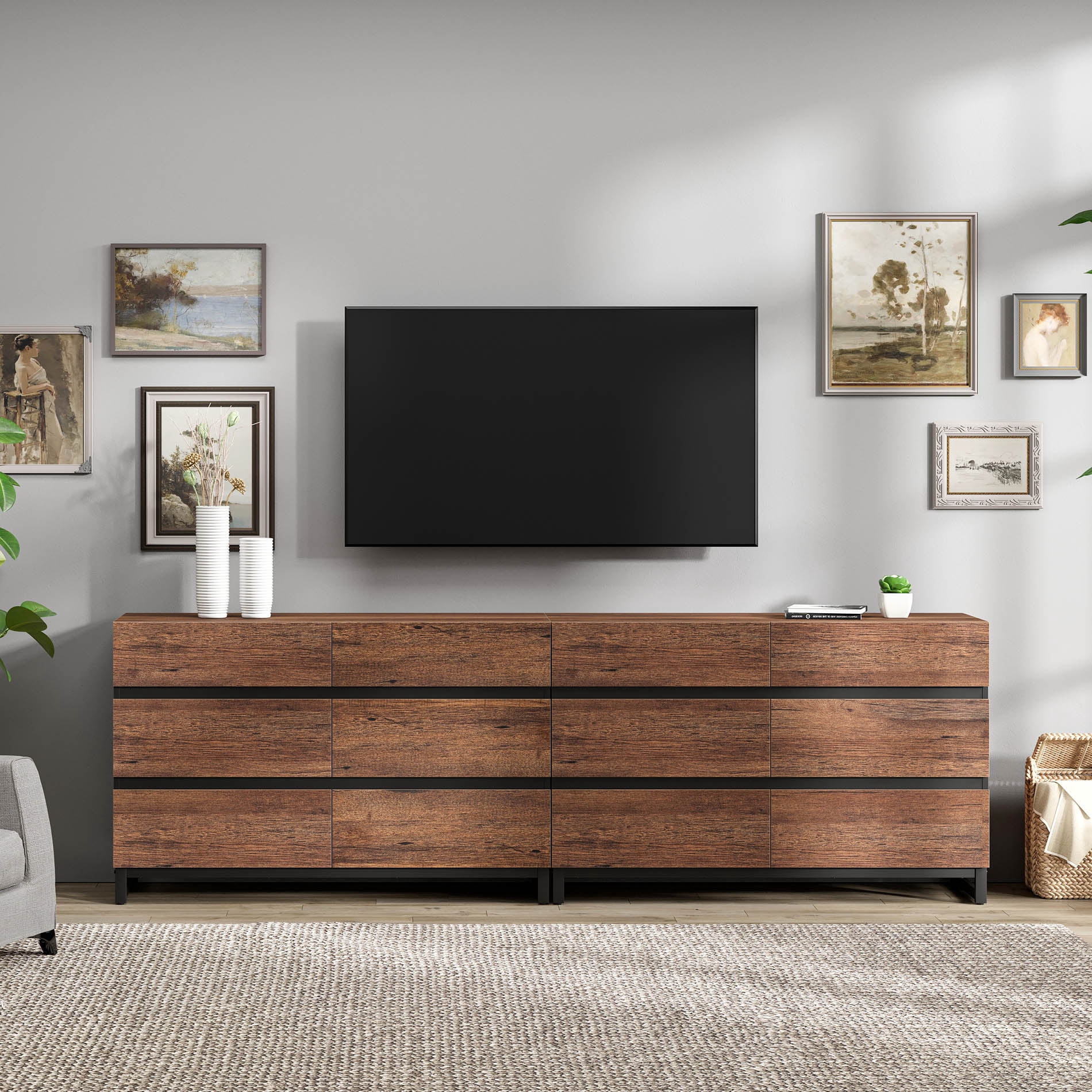 Modern TV Stand with 12 Drawers and Sturdy Metal Base, Entertainment Center Media Console for Living Room and Bedroom, Fits TVs up to 100 Inch, Brown