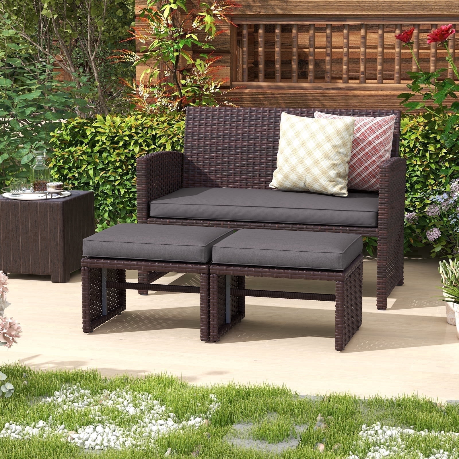 JOIVI 3-Piece Wicker Love Seat and Coffee Table Set, Outdoor Furniture Set with Loveseat and 2 Ottoman, Brown Rattan, Dark Gray Cushion