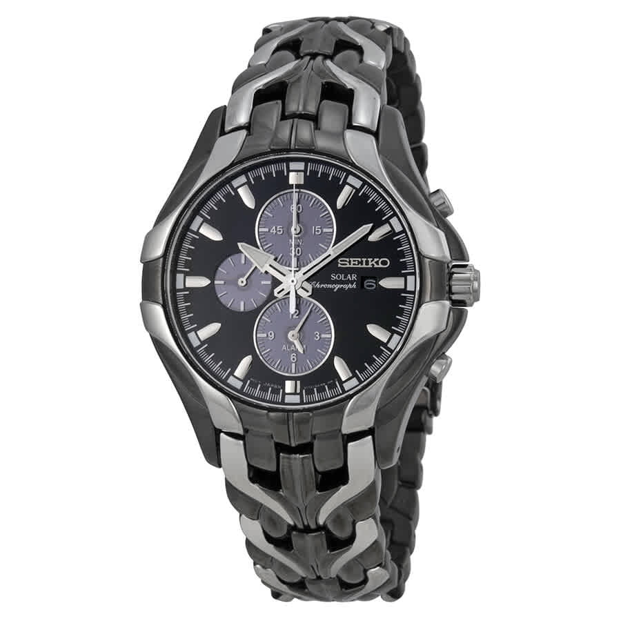 Seiko Men's Solar Alarm Chronograph Stainless Watch - Silver Bracelet -  Black Dial - SSC139 