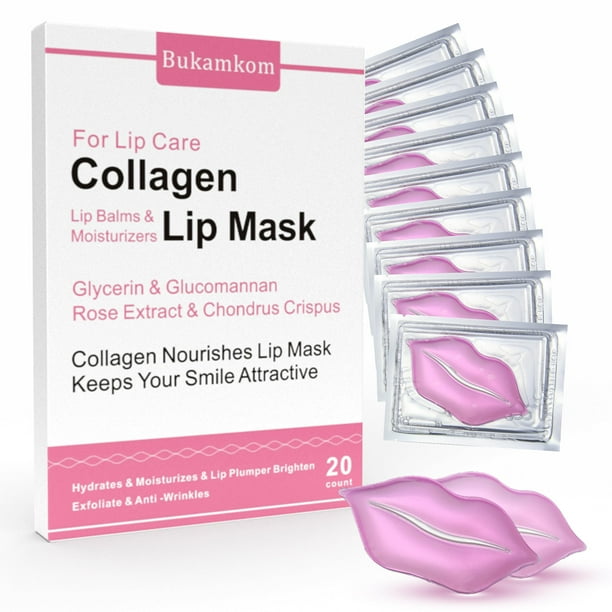 Bukamkom Máscaras de labios de colágeno a granel (20 piezas/caja) Hoja de máscara de labios Cuidado de labios para reducir los labios oscuros y las líneas de labios para eliminar la humedad de la piel