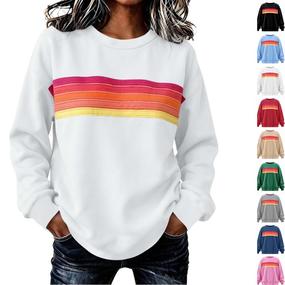 Ghalytn Women's Oversized Crew Neck Pullover Sweatshirt, Long Sleeve Rainbow Stripe Graphic Relaxed Fit Casual Top