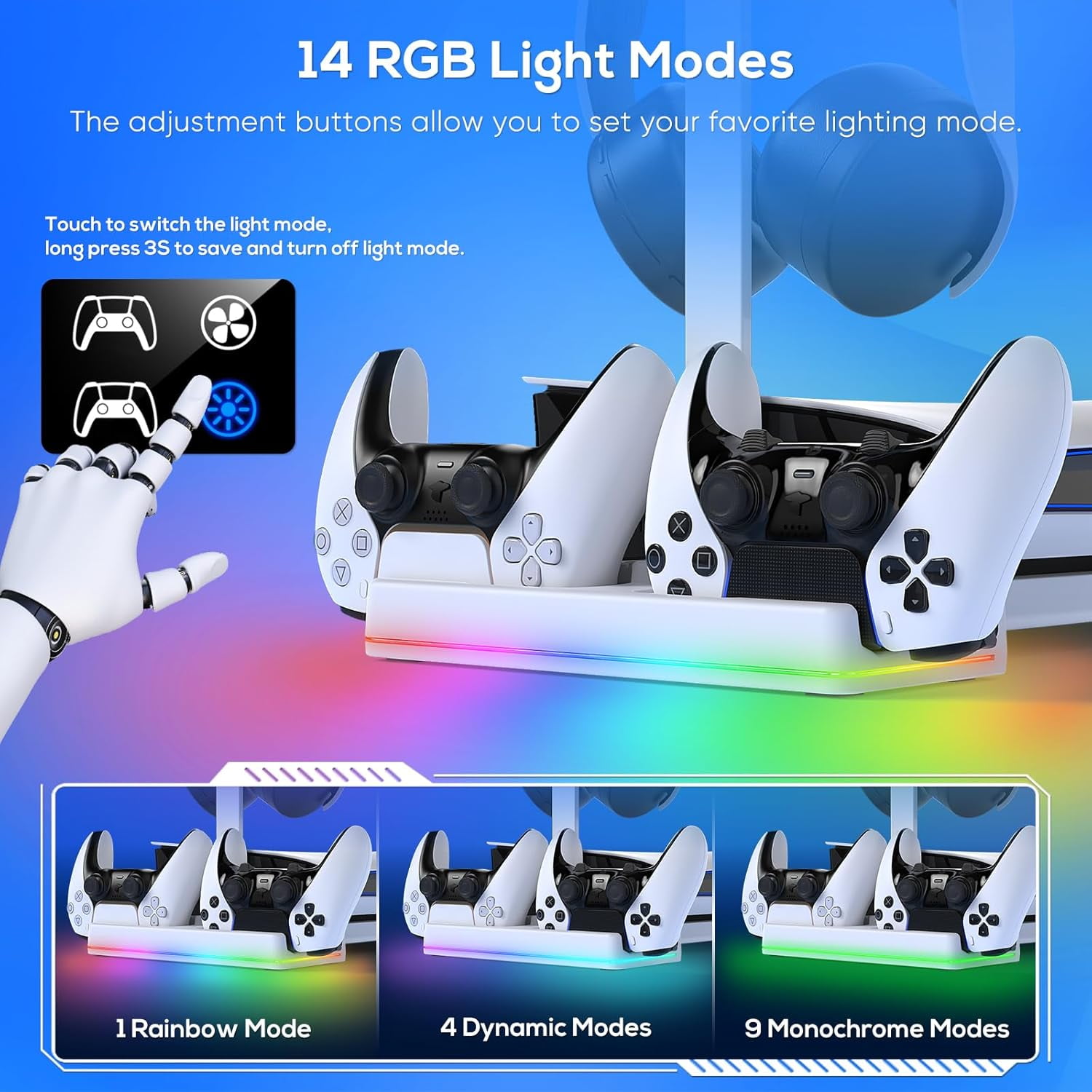 RGB Horizontal Cooling Station Stand for PS5 Slim Console with 2 Controller Charger, Auto Silent Cooling Fan for Playstation 5 Slim Disc / Digital Edition with 14 Light Modes and Headset Holder