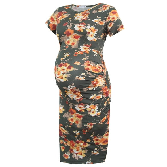 Vestido de maternidad Smallshow de manga corta con estampado floral fruncido naranja