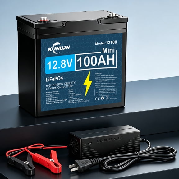12V 100Ah LiFePO4 Lithium Battery with 10A Charger, Built-in 100A BMS, for Boat