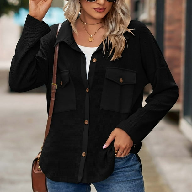 EINCcm Shacket Jacket for Women, Fall Clothes for Women 2022, Women's Lapel  Solid Color Pocket Button Coat Recreational Long Sleeve Cardigan Tops