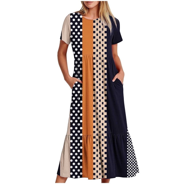 Ovzne Robes pour Femmes Robe de Plage Mode Féminine Manches Longues Col Rond T-Shirt Imprimé Blouse Ample Robe pour Femmes Manches Courtes Imprimé Liquidation