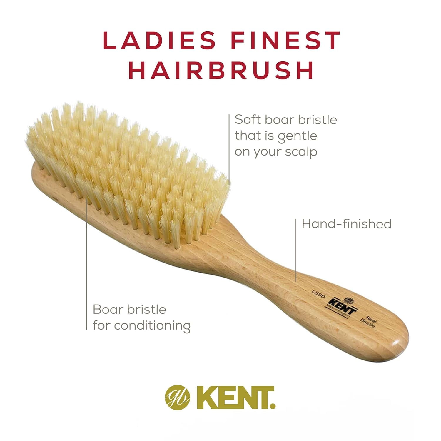 Kent LS9D Satinwood Boar Bristle Hair Brush, Soft Bristles for