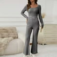 thumbnail image 3 of Women Ribbed Lounge Set Long Sleeve Crop Top and Flare Pants 2 Piece Pajama Set Soft Knit Sleepwear Outfits, 3 of 6