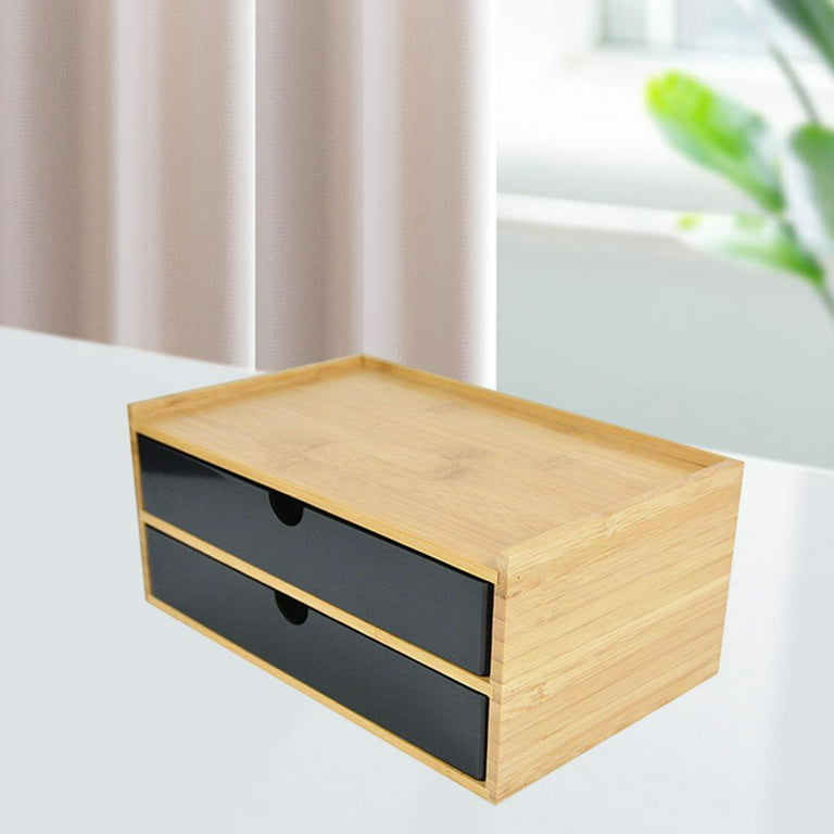 Bamboo Desktop Storage Drawer Scissors Supplies Premium for Study Bathroom  , black double layer