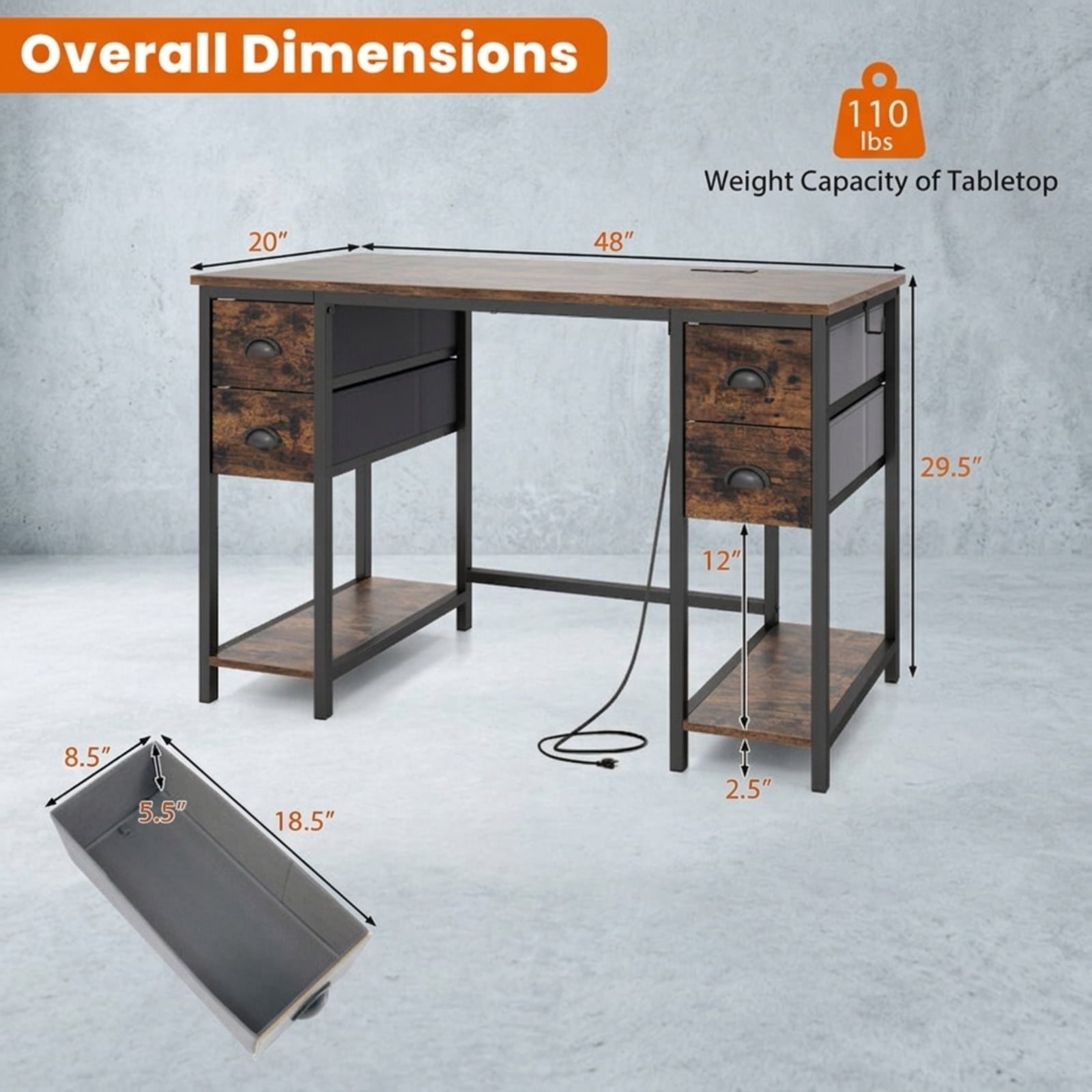 Furnibear 48 Inch Computer Desk with Power Outlet and 4 Fabric Drawers, Home Office Desk with Headphone Hook and Metal Frame for Study, Brown